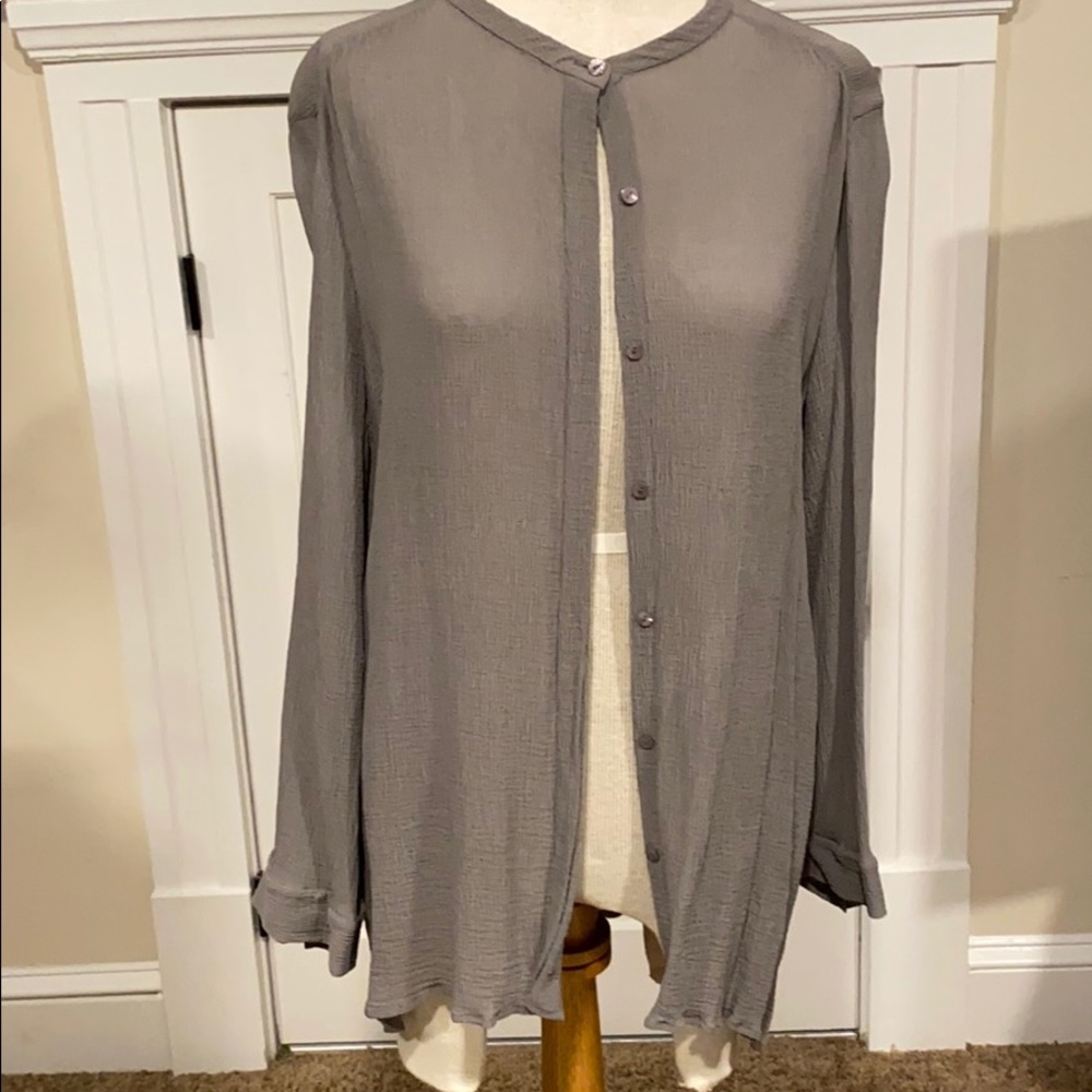 Grey Eileen Fisher button up shirt.